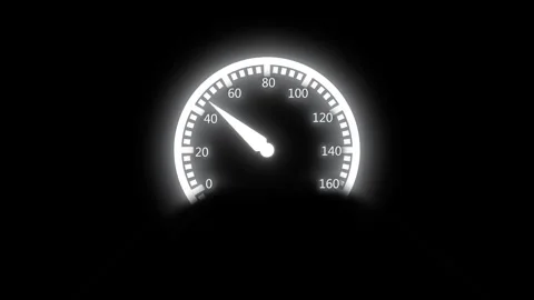 Glowing speedometer dial on a dark background with the needle near low spee.. Stock Footage 337080698