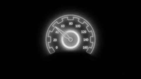 Glowing speedometer icon on a black background, showing low speed with a so.. 库存影片 337080735