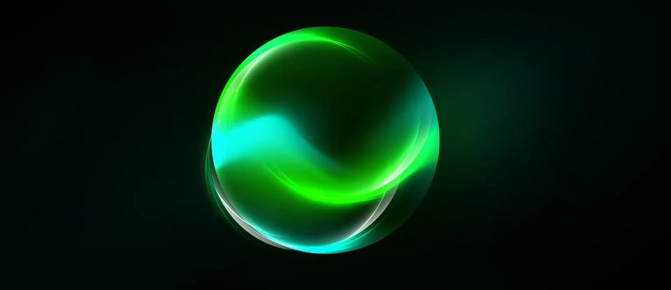 Glowing sphere dominates dark background. Swirling green, turquoise hues crea Stock Illustration