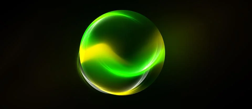 Glowing sphere dominates dark background. Green, yellow hues blend, creating Stock Illustration