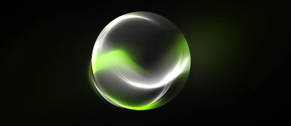 Glowing sphere dominates dark background. Swirls create depth, light reflects Stock Illustration