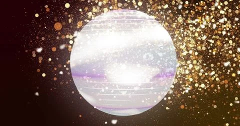 Glowing sphere with horizontal lines and golden particles, digital image Stock Photos