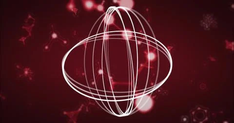 Glowing sphere with intersecting white rings against red gradient, with orbs, Stock Illustration