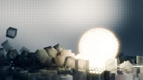 A glowing sphere surrounded by geometric structures, embodying futuristic and 스톡 일러스트