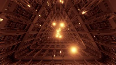 Glowing spheres flying through triangle technical tunnel corridor 3d Stock Illustration