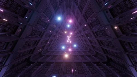 Glowing spheres flying through triangle technical tunnel corridor 3d Stock Illustration