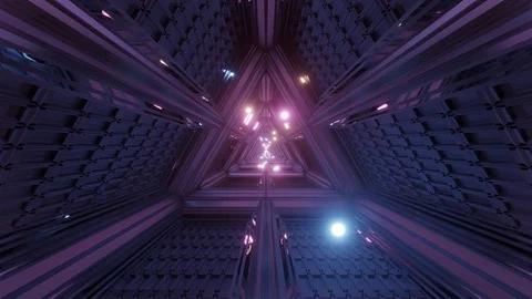 Glowing spheres particles fly through triangle space tunnel corridor 3d Stock Footage 122745357