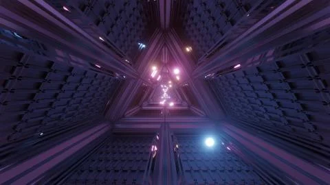 Glowing spheres particles fly through triangle space tunnel corridor 3d Stock Illustration