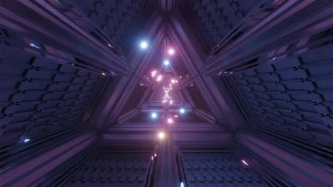 Glowing spheres particles fly through triangle space tunnel corridor 3d Stock Illustration