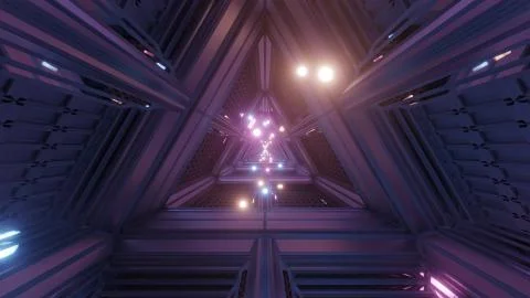 Glowing spheres particles fly through triangle space tunnel corridor 3d Stock Illustration
