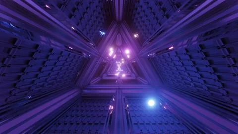 Glowing spheres particles fly through triangle space tunnel corridor 3d Stock Illustration
