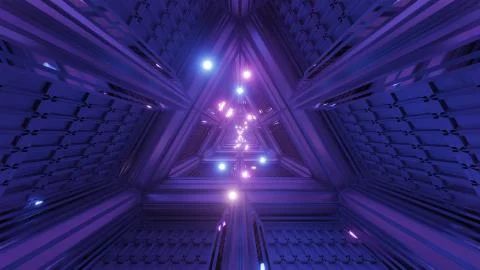 Glowing spheres particles fly through triangle space tunnel corridor 3d Stock Illustration