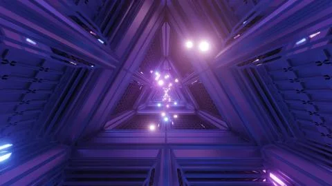 Glowing spheres particles fly through triangle space tunnel corridor 3d Stock Illustration