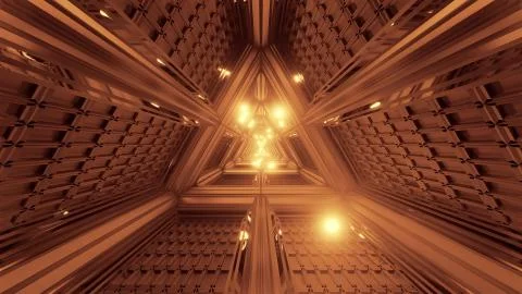 Glowing spheres particles fly through triangle space tunnel corridor 3d Stock Illustration