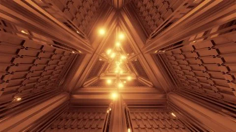 Glowing spheres particles fly through triangle space tunnel corridor 3d Stock Illustration