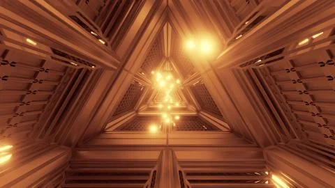 Glowing spheres particles fly through triangle space tunnel corridor 3d Stock Illustration