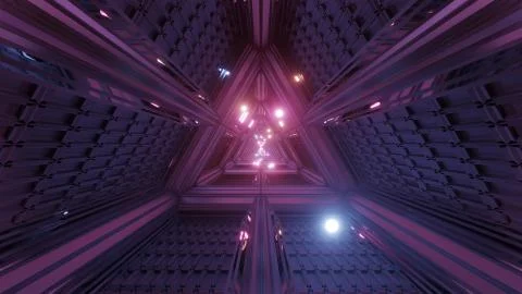 Glowing spheres particles fly through triangle space tunnel corridor 3d Stock Illustration