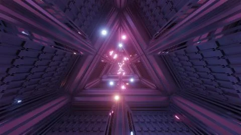 Glowing spheres particles fly through triangle space tunnel corridor 3d Stock Illustration
