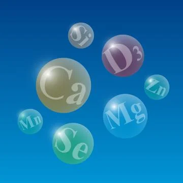 Glowing spheres with useful microelements on blue background Stock Illustration