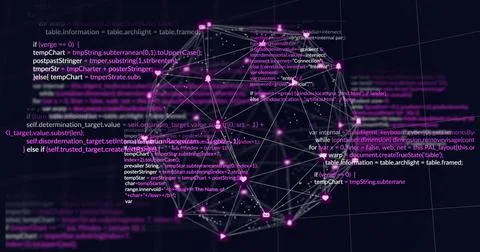 Glowing spherical 3D network graph rotating in virtual space, with magenta nodes Fotos de archivo