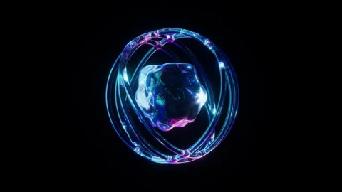 Glowing Spherical Neon Structure with Abstract Core on Dark Background Loop Stock Footage 300826340