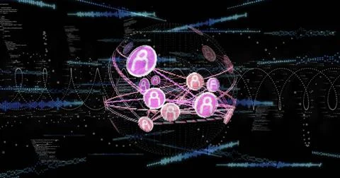 Glowing spherical network emitting flowing pink data lines in cyberspace, with Stock Photos