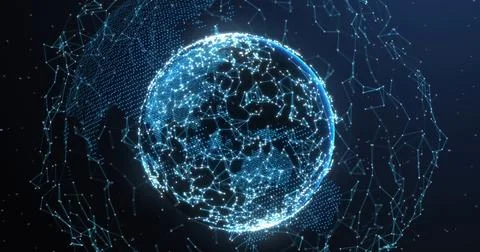 Glowing spherical network globe pulsing in dark data field, with rings and Stock Photos