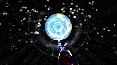 Glowing spinning earth globe on robot finger with stars on background and hu Stock Footage 233487988