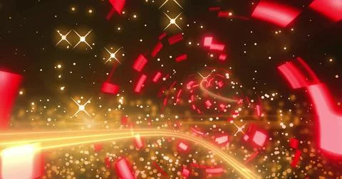 Glowing spiral of red panels drawing eye through abstract dark tunnel, with Stock Illustration