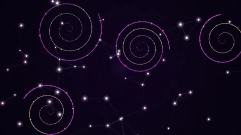 Glowing spiral shapes with connected dots on dark purple background 스톡 동영상 331645618