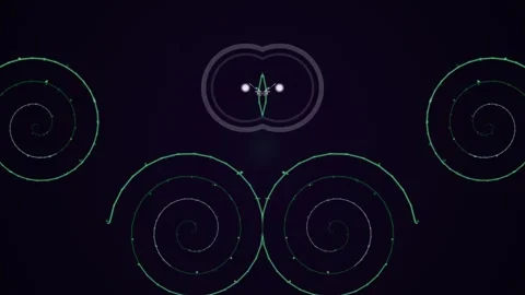 Glowing spirals and central illuminated shapes on dark background Stock Footage 331645713