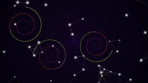 Glowing spirals with dotted lines and bright dots over a dark background Stock Footage 331645839