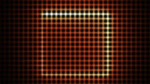Glowing square frame illuminating a dark orange grid background Foto stock