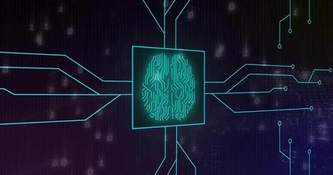 Glowing square frame showing turquoise brain circuit emitting paths in Stock Illustration