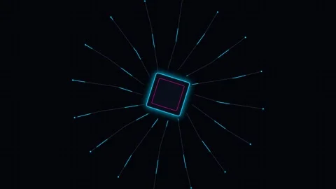A glowing square frame surrounded by radiating neon blue light beams in dark Stock Footage 338311359