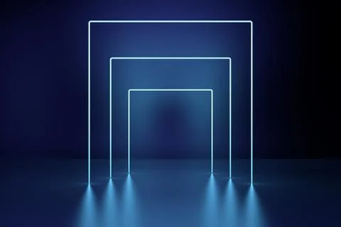 Glowing square frames, neon lights, abstract psychedelic background, ultraviolet Illustrazione stock