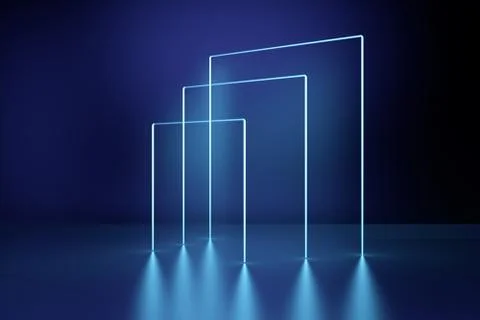 Glowing square frames, neon lights, abstract psychedelic background, ultraviolet Stock Illustration