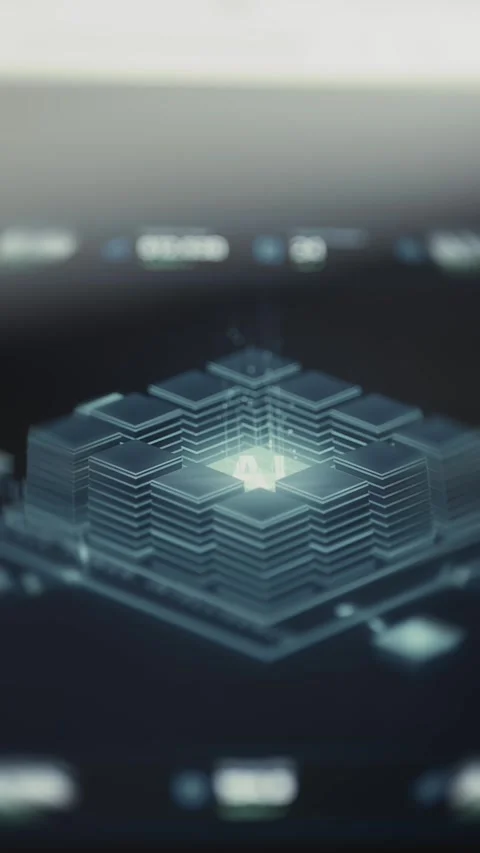 Glowing stack of computing layers centered on an artificial intelligence core Stock Footage 342489697