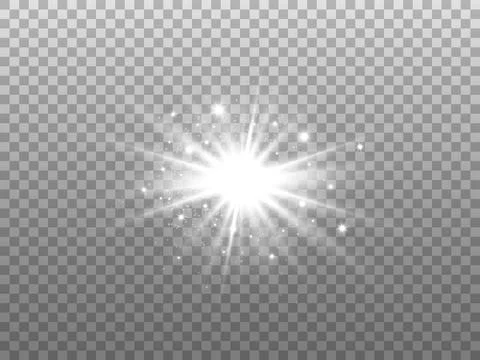 Glowing star isolated on transparent backdrop. White explosion with dust. Silver Stock Illustration