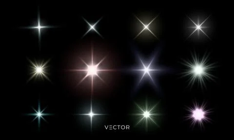 Glowing star lights effect, lens flare and bright explosion effect. Vector is Illustrazione stock