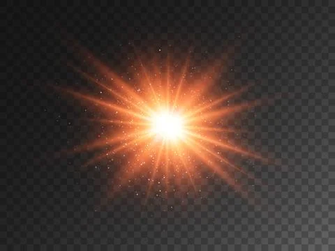 Glowing star on transparent backdrop. Orange burst with bright glitter and glare Stock Illustration