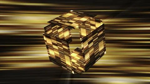 Glowing striped cube in cyberspace. Motion. Shining colorful cube is divided Stock Illustration