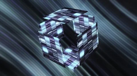 Glowing striped cube in cyberspace. Motion. Shining colorful cube is divided Stock Illustration