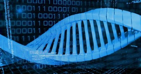 Glowing stylized 3D DNA double helix twisting through virtual lab space, with Illustration