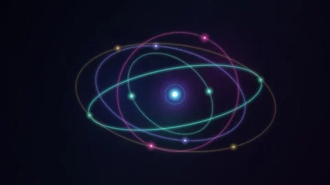 A glowing stylized atom model with vibrant orbiting particles and rings set.. Video stock 346723359