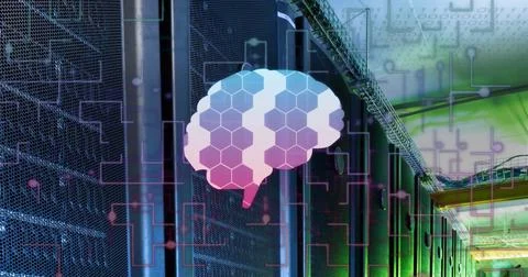 Glowing stylized brain graphic hovering over data center aisle, with server Stock Photos