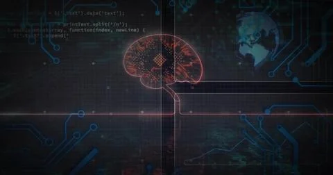 Glowing stylized brain pulsing above device outline in tech console, with neon Stock Photos