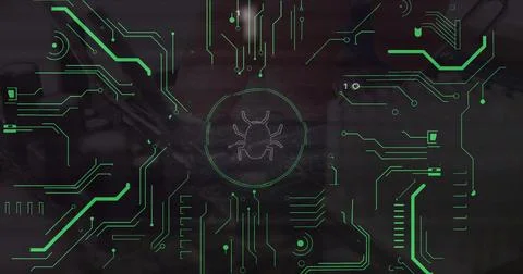 Glowing stylized bug icon pulsing at center on simulated digital interface, with 库存插图
