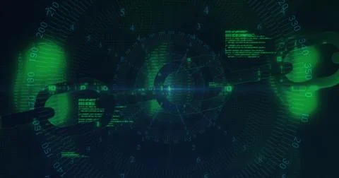 Glowing stylized chain sitting in abstract digital environment, highlighting mid Foto stock