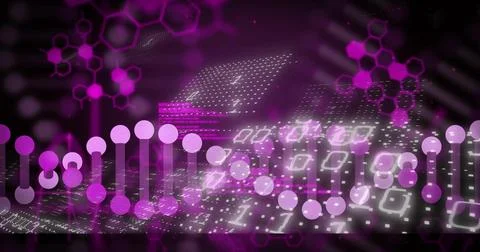 Glowing stylized DNA-like chain traversing midground in data visualization, with Stock Illustration
